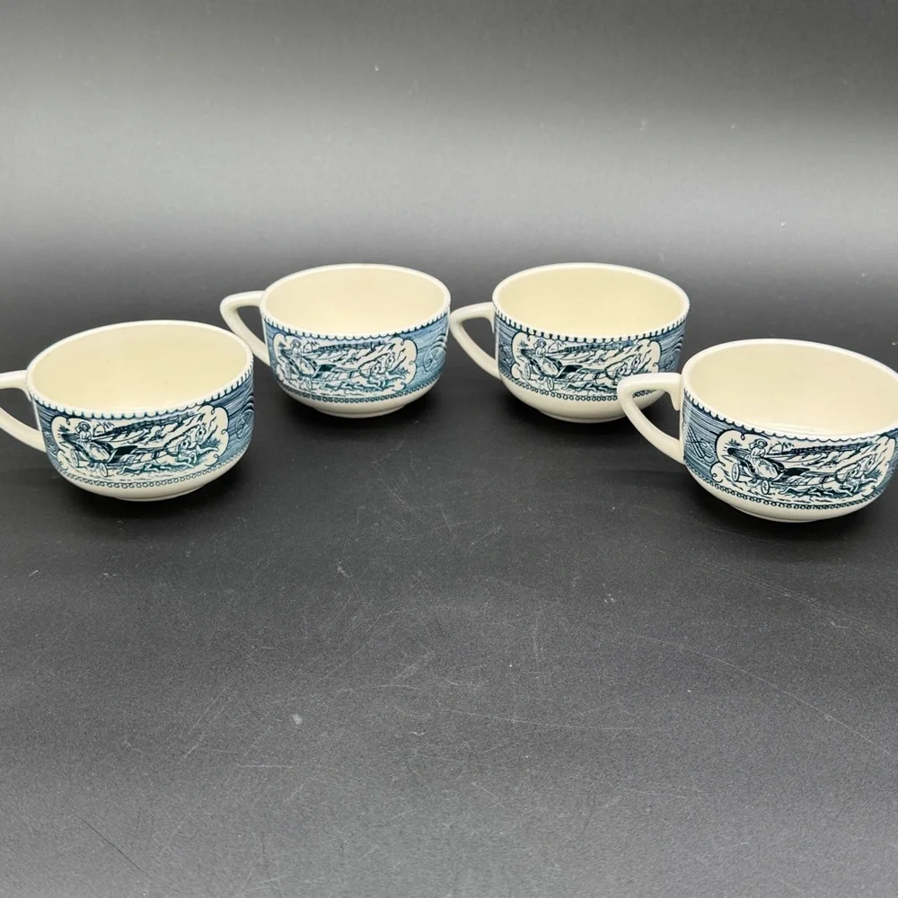 Currier & Ives Blue and Cream Ceramic Teacup Set